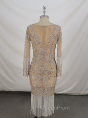 Champagne Tulle Beads Mermaid Short Evening Prom Dresses, Champagne Evening Dresses