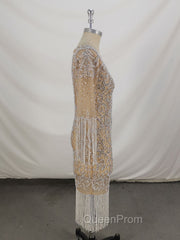 Champagne Tulle Beads Mermaid Short Evening Prom Dresses, Champagne Evening Dresses