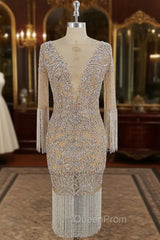 Champagne Tulle Beads Mermaid Short Evening Prom Dresses, Champagne Evening Dresses