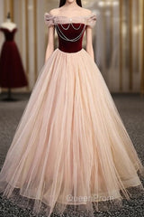 Champagne Tulle Burgundy Velvet Off the Shoulder Evening Prom Dresses