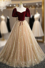 Champagne Tulle Burgundy Velvet Puff Sleeve Evening Prom Dresses
