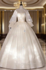 Champagne Tulle Butterfly Appliques Bell Sleeve Quinceanera Dresses