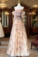 Champagne Tulle Emboidery Flower Evening Prom Dresses