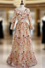 Champagne Tulle Embroidery Long Sleeve Evening Prom Dresses