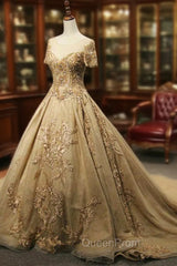 Champagne Tulle Embroidery Short Sleeve Backless Haute Couture Wedding Dresses