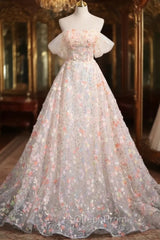 Champagne Tulle Flowers Sequins Off the Shoulder Evening Prom Dresses