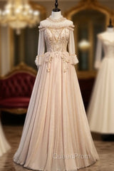 Champagne Tulle High Neck Long Sleeve Beading Evening Prom Dresses