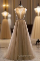 Champagne Tulle High Neck Pleats Beading Backless Long Evening Prom Dresses
