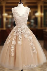 Champagne Tulle Lace Applique Short Evening Prom Dresses, Homecoming Dresses