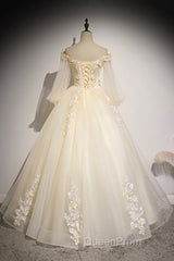 Champagne Tulle Lace Floor Length Evening Prom Dresses, Off Shoulder Long Sleeve Evening Dresses