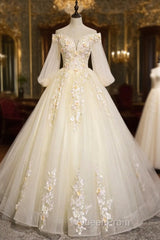 Champagne Tulle Lace Floor Length Evening Prom Dresses, Off Shoulder Long Sleeve Evening Dresses