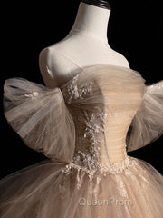 Champagne Tulle Lace Long Evening Prom Dresses, Champagne Evening Formal Dresses