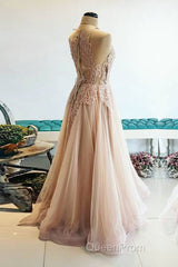 Champagne tulle lace long Evening Prom Dresses, champagne tulle evening Dresses