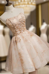 Champagne Tulle Lace Short Evening Prom Dresses, Puffy Champagne Homecoming Dresses
