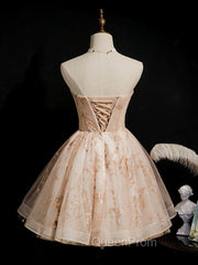 Champagne Tulle Lace Short Evening Prom Dresses, Puffy Champagne Homecoming Dresses