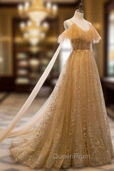 Champagne Tulle Lace V-neckline Beaded Unique Floor Length Party Dresses, New Evening Prom Dresses Evening Dresses