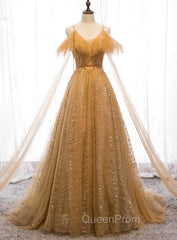 Champagne Tulle Lace V-neckline Beaded Unique Floor Length Party Dresses, New Evening Prom Dresses Evening Dresses