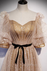 Champagne Tulle Long Party Dresses, Short Sleeves A-line Evening Dresses Evening Dresses