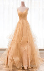 Champagne tulle long Evening Prom Dresses, champagne evening Dresses