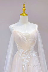 Champagne Tulle Long Evening Prom Dresses with Lace, Off the Shoulder Evening Dresses