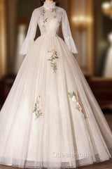 Champagne Tulle Long Sleeve Appliques Quinceanera Dresses