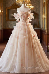 Champagne Tulle Off the Shoulder 3D Flower Evening Prom Dresses