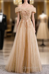 Champagne Tulle Off the Shoulder Embroidery Off the Shoulder Evening Prom Dresses