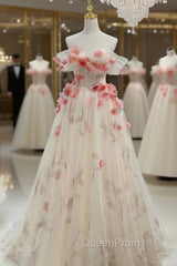 Champagne Tulle Off the Shoulder Flower Princess Evening Prom Dres