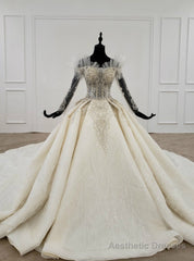 Champagne Tulle Off the Shoulder Long Sleeve Beading Wedding Dress