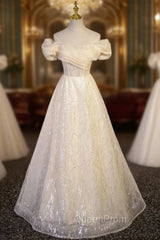 Champagne Tulle Off the Shoulder Sequins Evening Prom Dresses