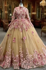 Champagne Tulle Pink 3D Appliques Long Sleeve Evening Prom Dresses