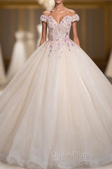 Champagne Tulle Pink Sequins Off the Shoulder Quinceanera Dresses