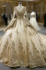 Champagne Tulle Sequins Appliques Long Sleeve Evening Prom Dresses