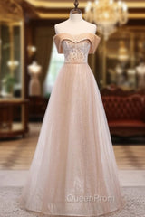 Champagne Tulle Sequins Beading Off the Shoulder Evening Prom Dresses