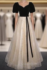 Champagne Tulle Sequins Black Velvet Short Sleeve Evening Prom Dres