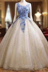 Champagne Tulle Sequins Blue Appliques Quinceanera Dresses