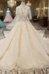 Champagne Tulle Sequins High Neck Cap Sleeve Luxury Wedding Dresses With Removable Train
