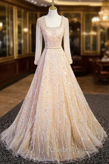 Champagne Tulle Sequins Long Sleeve Evening Prom Dresses