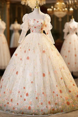 Champagne Tulle Sequins Long Sleeve Quinceanera Dresses