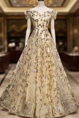 Champagne Tulle Sequins Off the Shoulder Evening Prom Dresses