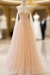 Champagne Tulle Sequins Strapless Evening Prom Dresses