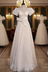 Champagne Tulle Sequins V-neck Bow Evening Prom Dresses