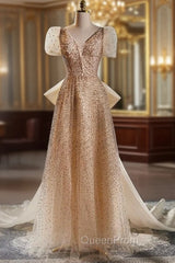 Champagne Tulle Sequins V-neck Short Sleeve Evening Prom Dresses