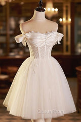 Champagne Tulle Short A-Line Evening Prom Dresses, Off the Shoulder Evening Party Dresses