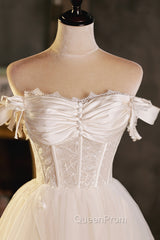 Champagne Tulle Short A-Line Evening Prom Dresses, Off the Shoulder Evening Party Dresses