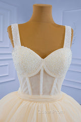 Champagne Tulle Short Evening Prom Dresses with Beaded, A-Line Tea Length Party Dresses