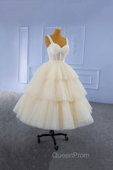 Champagne Tulle Short Evening Prom Dresses with Beaded, A-Line Tea Length Party Dresses