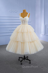 Champagne Tulle Short Evening Prom Dresses with Beaded, A-Line Tea Length Party Dresses