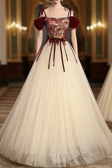 Champagne Tulle Spaghetti Straps Evening Prom Dresses