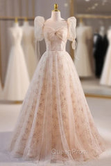 Champagne Tulle Square Puff Sleeve Evening Prom Dresses